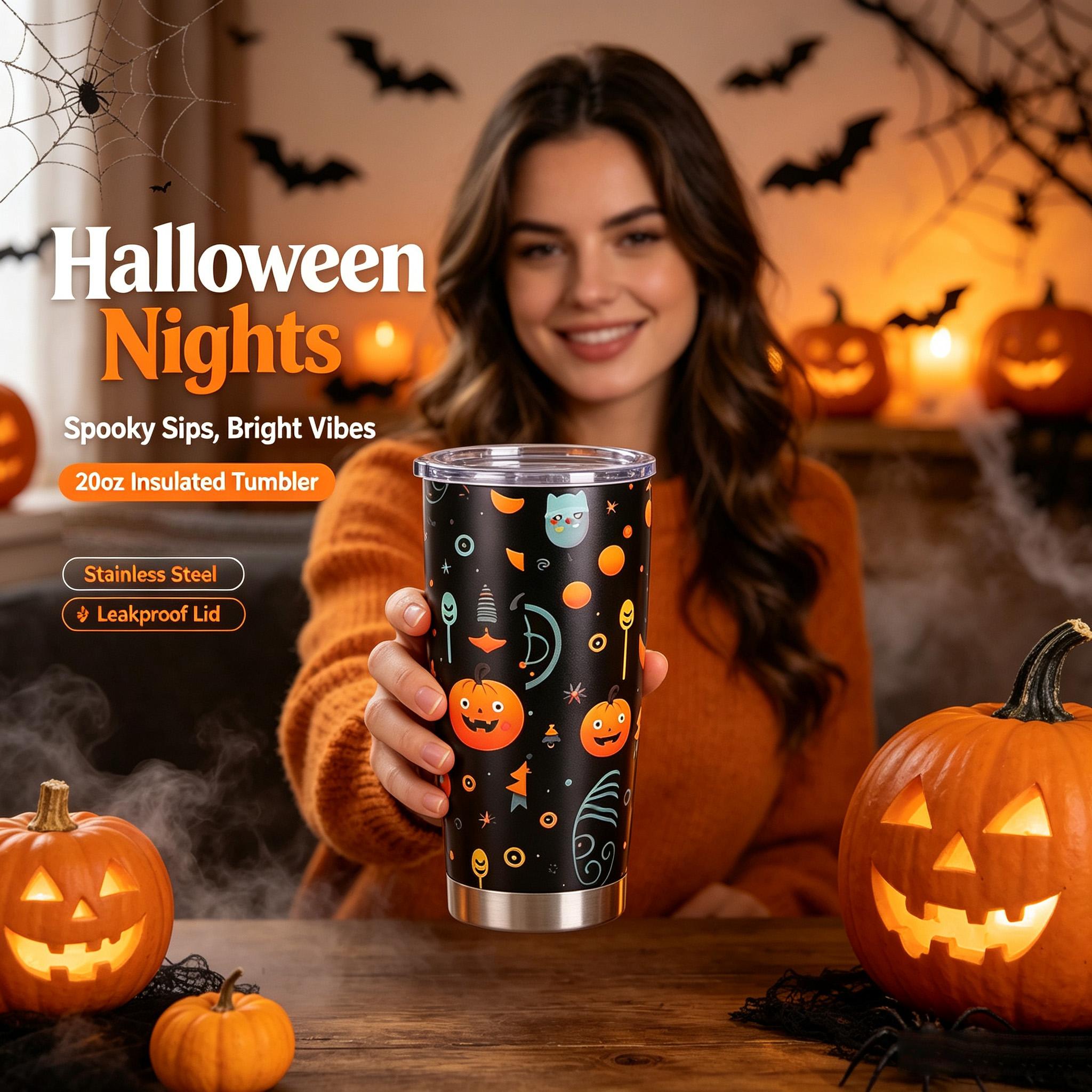 Halloween Pumpkin Ghost Thermos, Reusable Travel Coffee Cup, Stainless Steel Car Cup, Cute and Quirky Holiday Drink Cup, with a Transparent Leak-proof Lid, Perfect for Parties and Everyday Use, Ideal Halloween and Birthday Gift