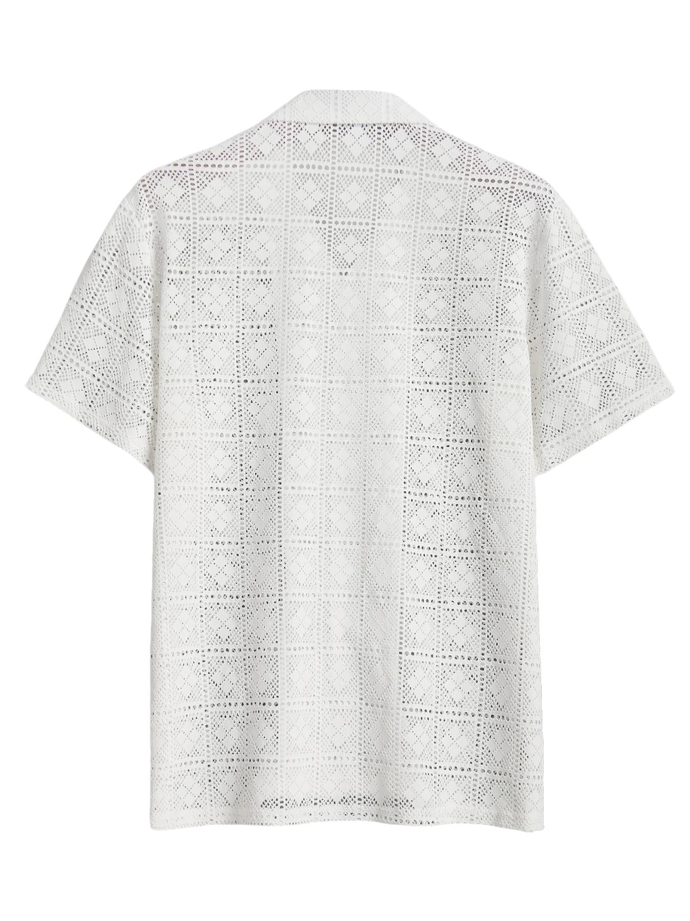 Men's Hollow Diamond Grid Short Sleeve Casual Shirt, Summer Breathable Cool, Hollow Pattern Design, Full Print, Plain Color Men's Hollow Diamond Grid Short Sleeve Casual Shirt, Summer Breathable Cool, Hollow Pattern Design, Full Print, Plain Color