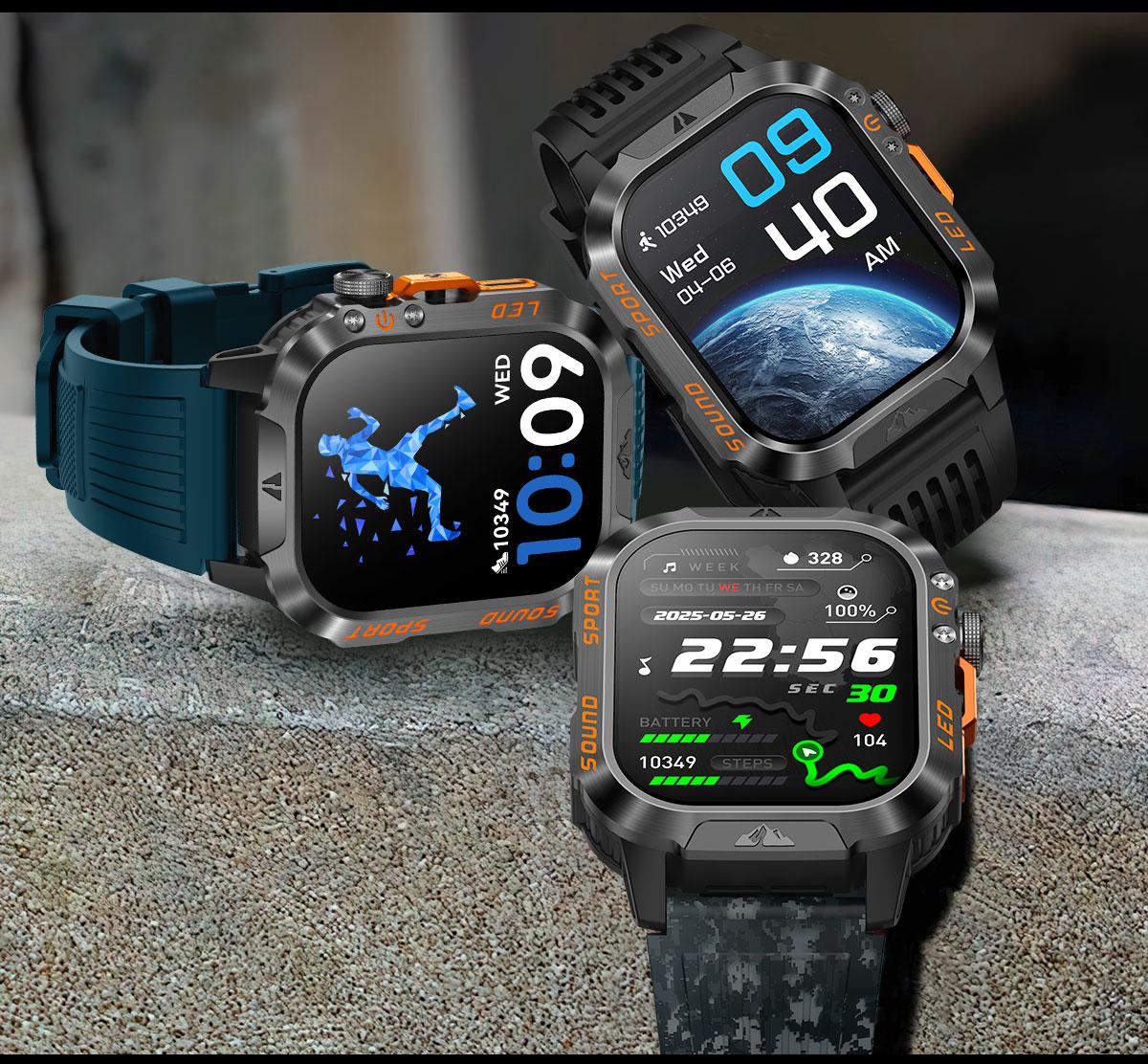 HT46 Outdoor Smart Watch Bluetooth Calling Heart Rate Sleep Blood Oxygen Monitor LED Light for Cycling Hiking Camping