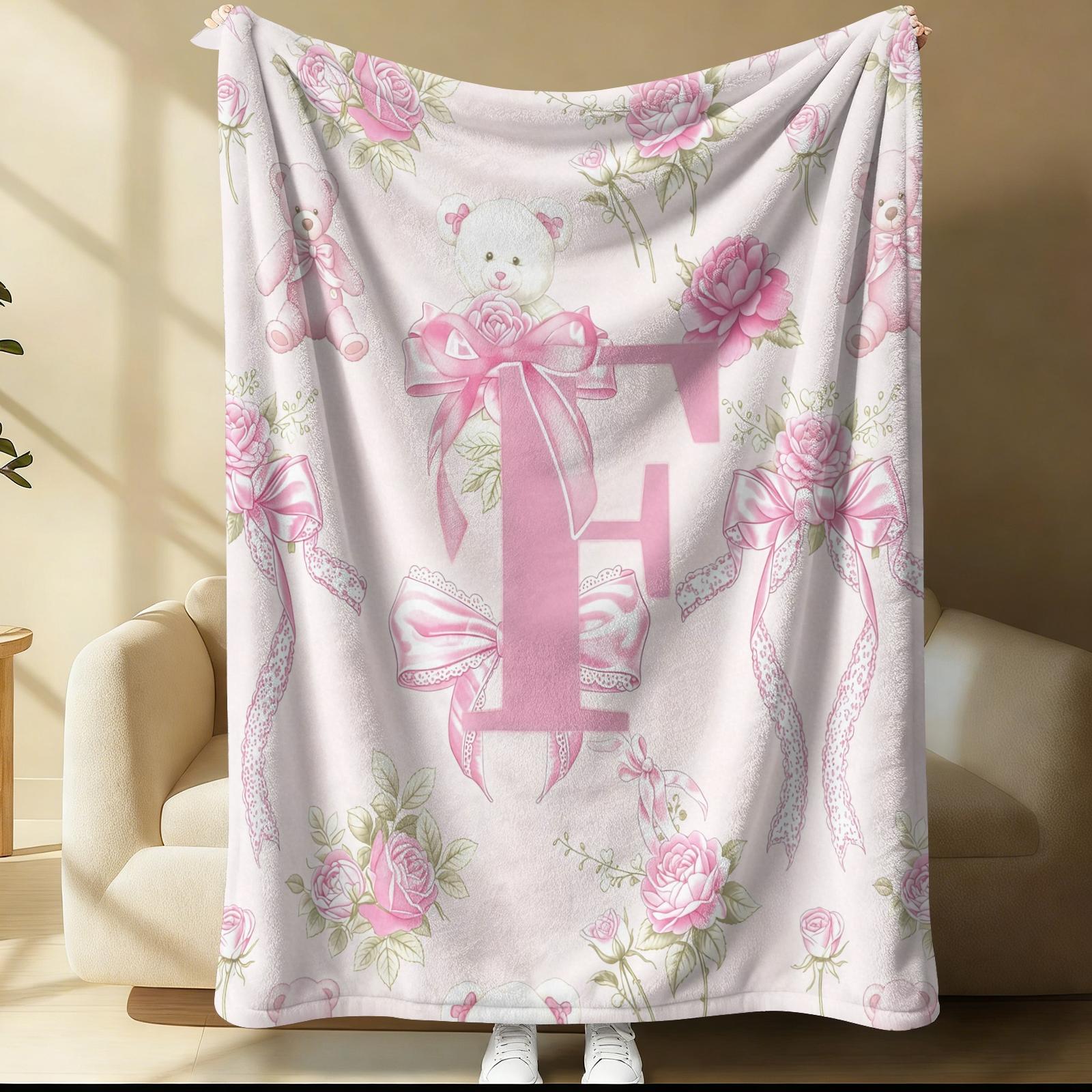 Pink Coquette Initial Letter Throw Blanket, Soft Fuzzy Plush, Teddy Bear & Rose Floral, Girly Bow Print, Lightweight for Couch Bed Office, All Seasons, Aesthetic Room Decor, Perfect Gift