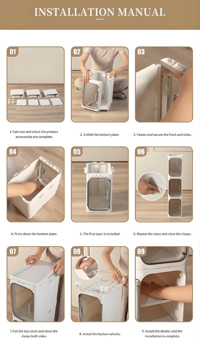 UFORU four-layer tall and narrow storage cabinet, made of plastic, with a slim design, doors and adjustable shelves, wheels, stackable and foldable, suitable for small spaces, bathrooms and kitchens.