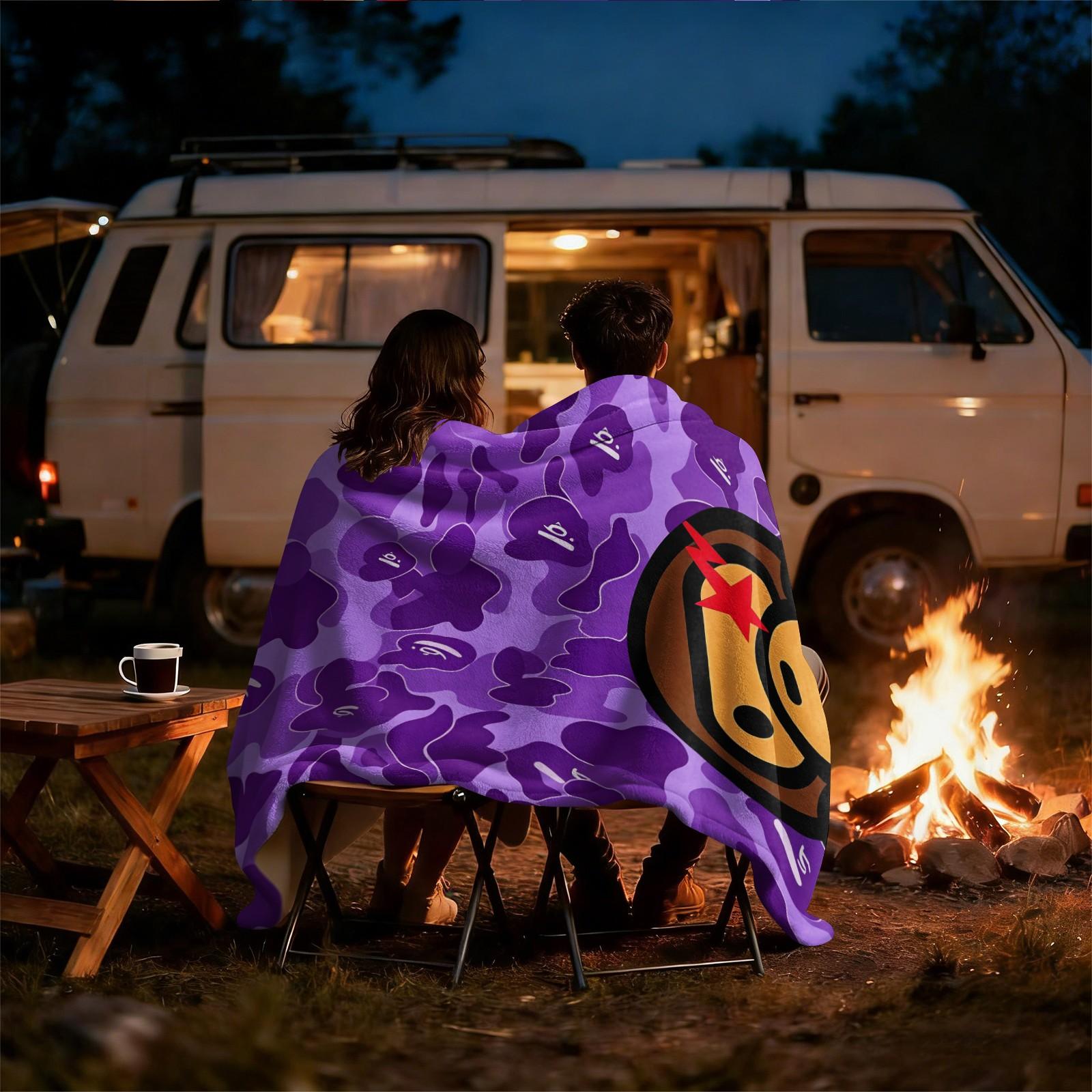 All Season Flannel Blanket, Purple Camouflage Street Cartoon Graphic Fleece Throw Blanket, Monkey Head With Red Star Pattern Warm Nap Blanket, Portable Travel Home Decor Blanket