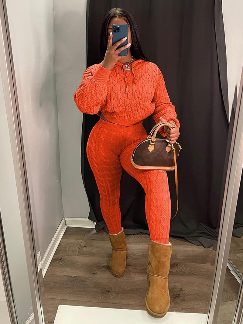 Women's Minimalist Textured Long Sleeve Crop Hooded Sweater & High Waist Skinny Pants Set, Casual Cozy Lady Knitwear Outfits Suits, Basic Womenswear