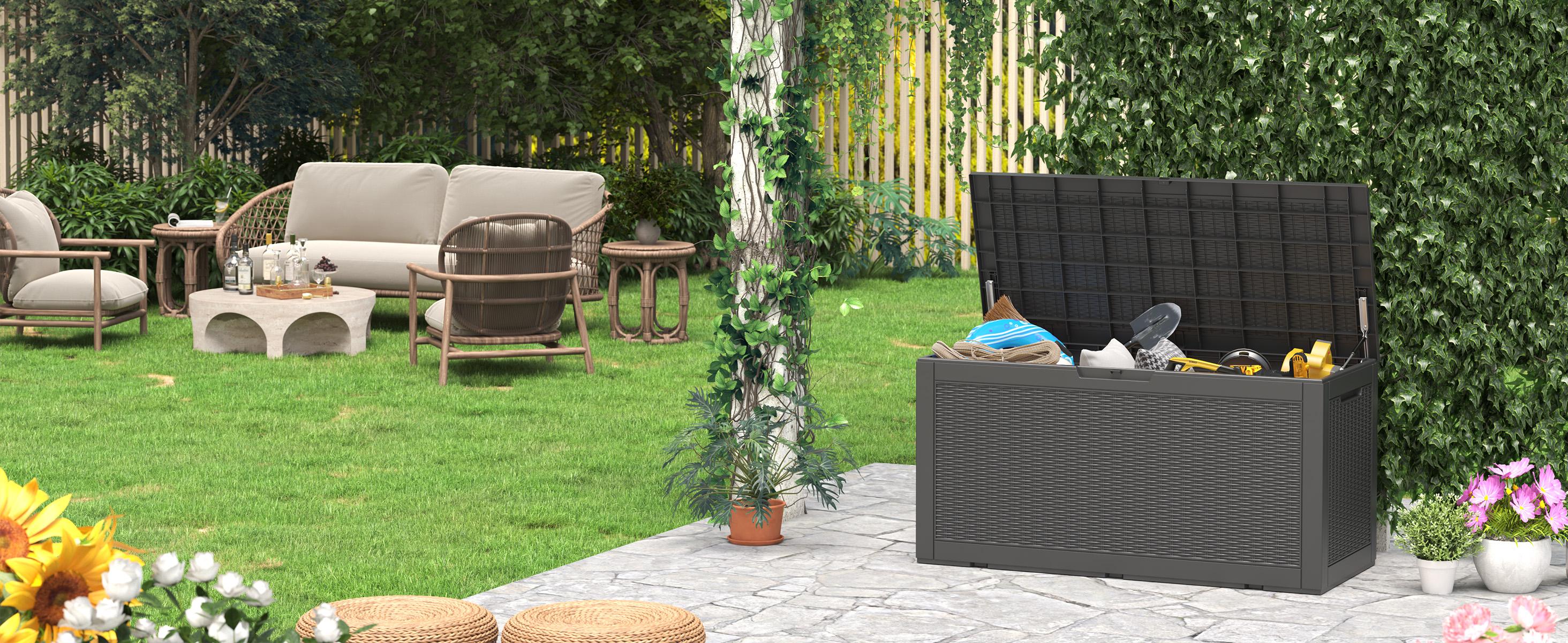 31/60/100/260 Gallon Resin Outdoor Storage Deck Box (padlock not included) – Waterproof, UV-Resistant, Multi-Functional, Lockable, Durable, Storage of tools