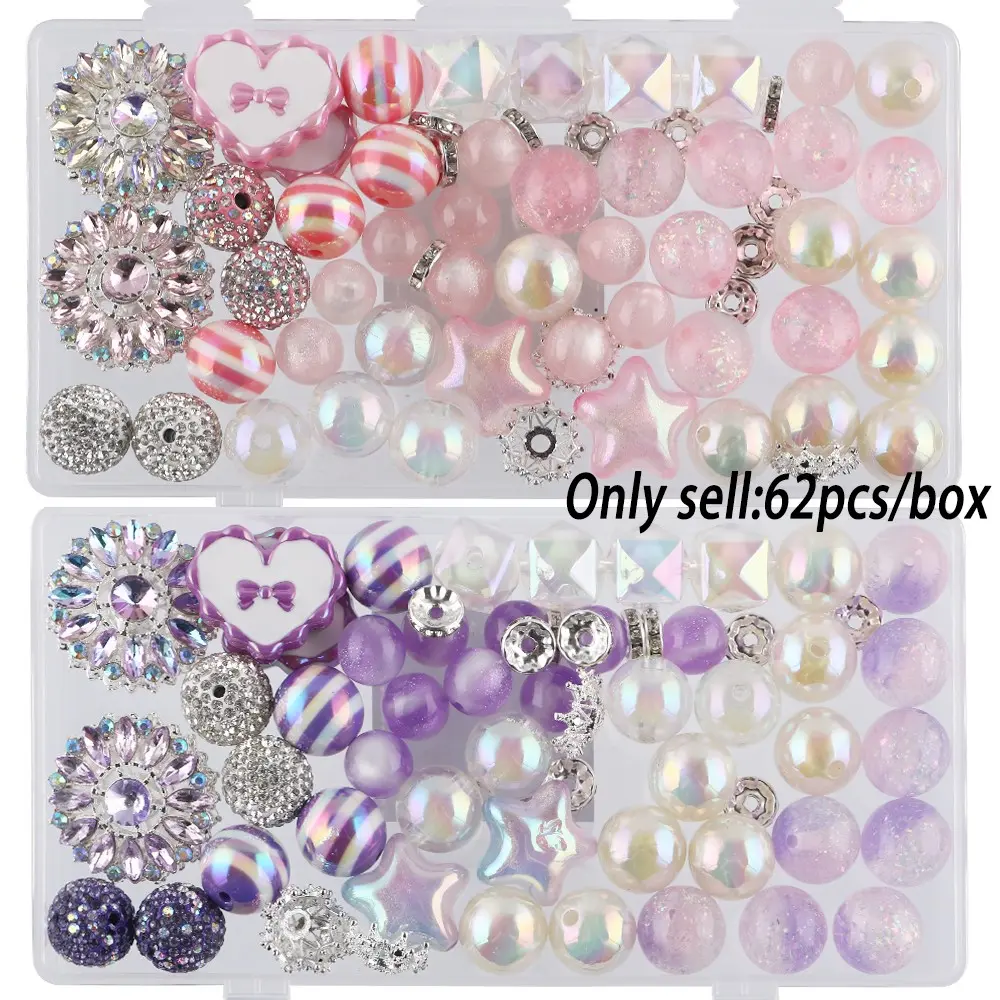 62pcs Acrylic Beads Set, Mix, Heart Shapes, Glossy, Transparent, Printed, Rhinestone, DIY Jewelry Making, Gift Crafting, Bead Kits