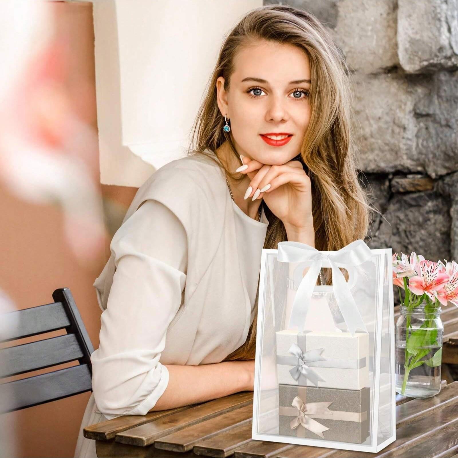 10 Transparent Plastic Gift Bags, PVC Clear Tote Bags with Ribbon, Waterproof Reusable, Ideal for Holidays and Events