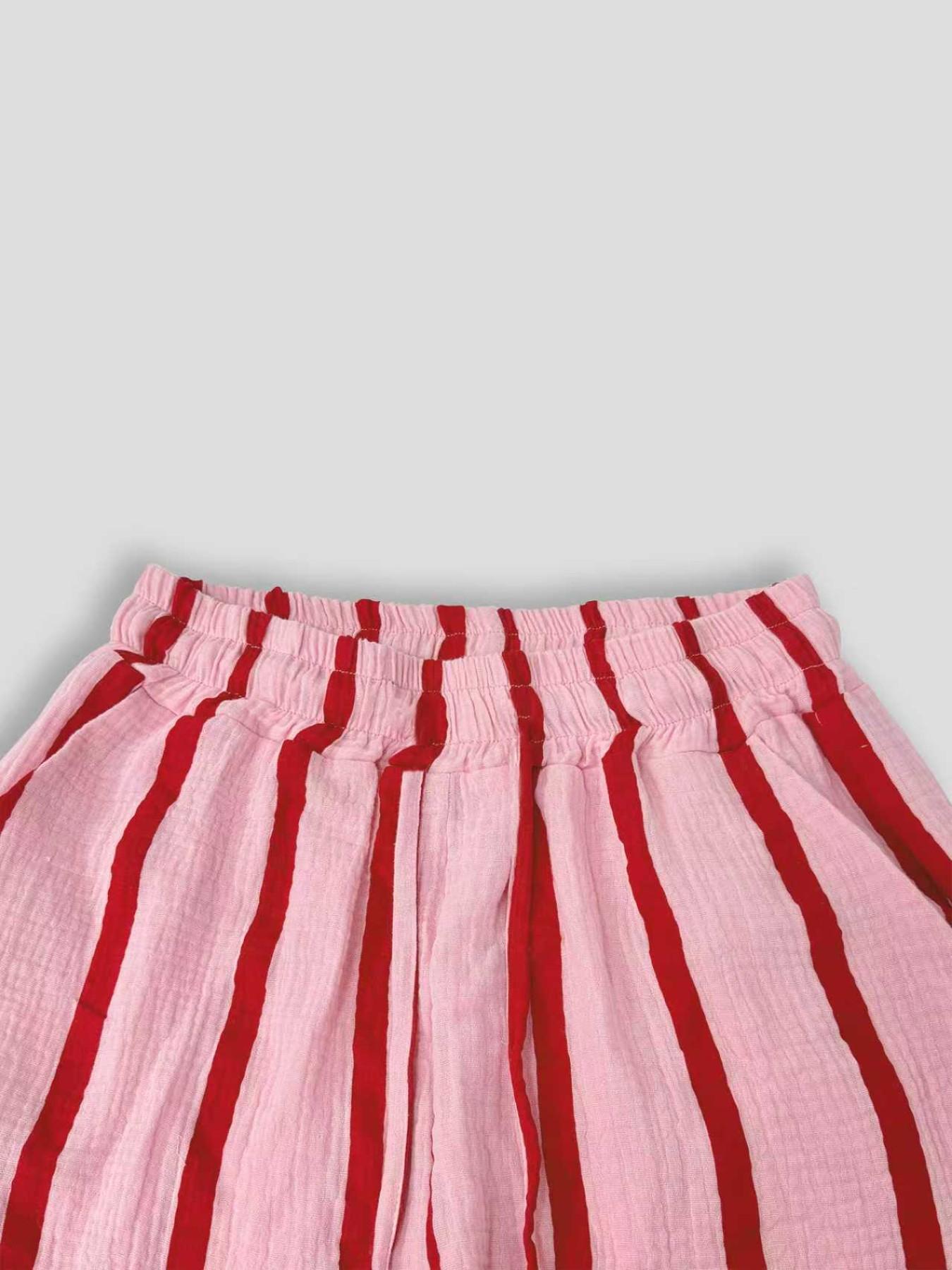 Women's Pink & Red Vertical Striped Wide-Leg Pants, Elastic Waist Lightweight Crinkled Linen-Like Trousers, Casual Streetwear Pants, Casual Summer Bottoms for Street & Vacation Style