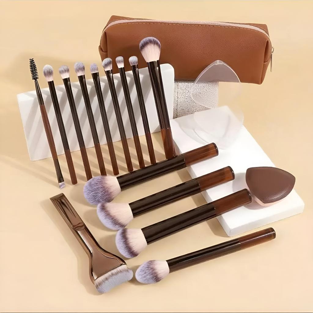 New Makeup Brush Set with 2 Leather Cases and 2 Beauty Sponges, 14 Animal Hair Brushes, Essential Daily Makeup Tool, Makeup Brush Kit