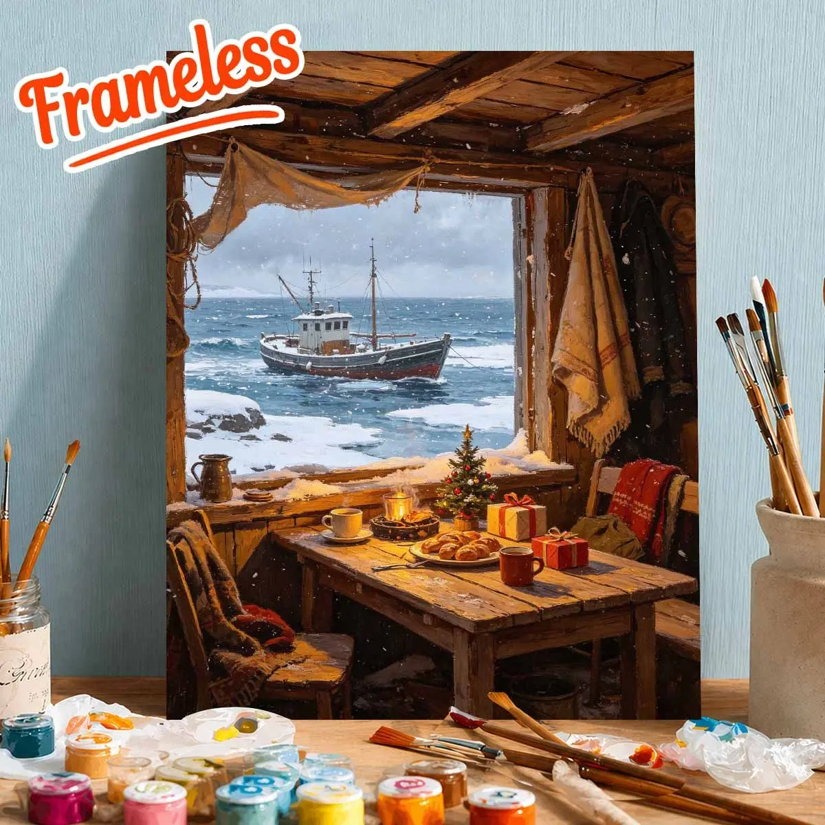 DIY Adult Paint by Numbers Kit, Frameless Set with Paints, Canvas, Brushes, Beach Table Design, Home Decor, Family Activity, Holiday Gift, Christmas Decoration, Painting Supplies