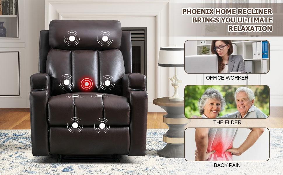 [SpringStatements] Manual Recliner Chair with Massage and Heat Ergonomic Overstuffed Breathable Fabric Reclining Chair with 2 Side Pockets, 2 Cup Holders, Remote Control, Living Room, Bedroom