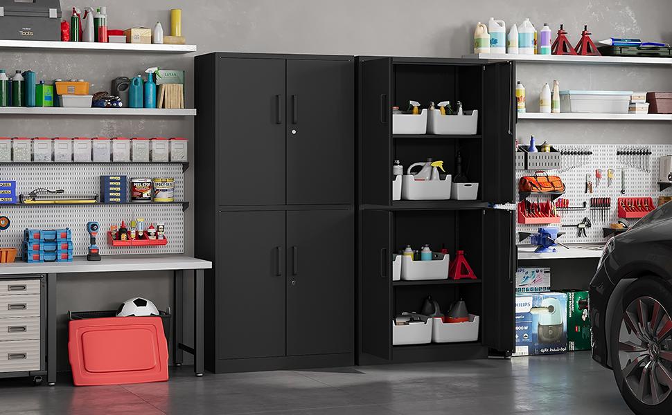 Metal Storage Cabinet with Lock, 71" Tall Steel File Locker with 2 Adjustable Shelves and 4 Doors, Tall Cabinet for Office, Garage, Home, Pantry