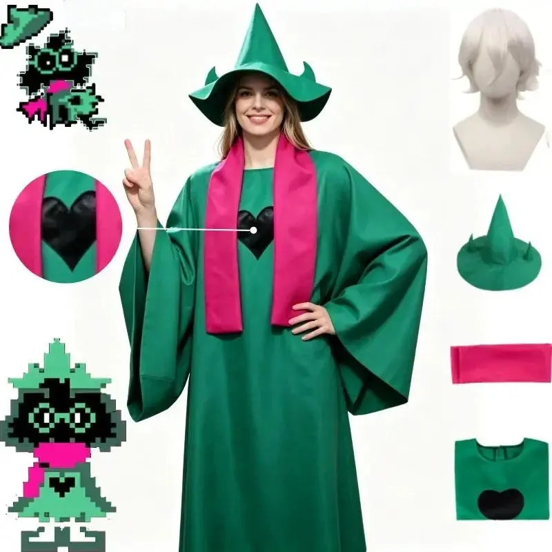 Deltarune Ralsei Cosplay Costume Green Cloak Cape Wizard Hat Scarf Cosplay Accessory Set Halloween Anime Game Cos Outfit