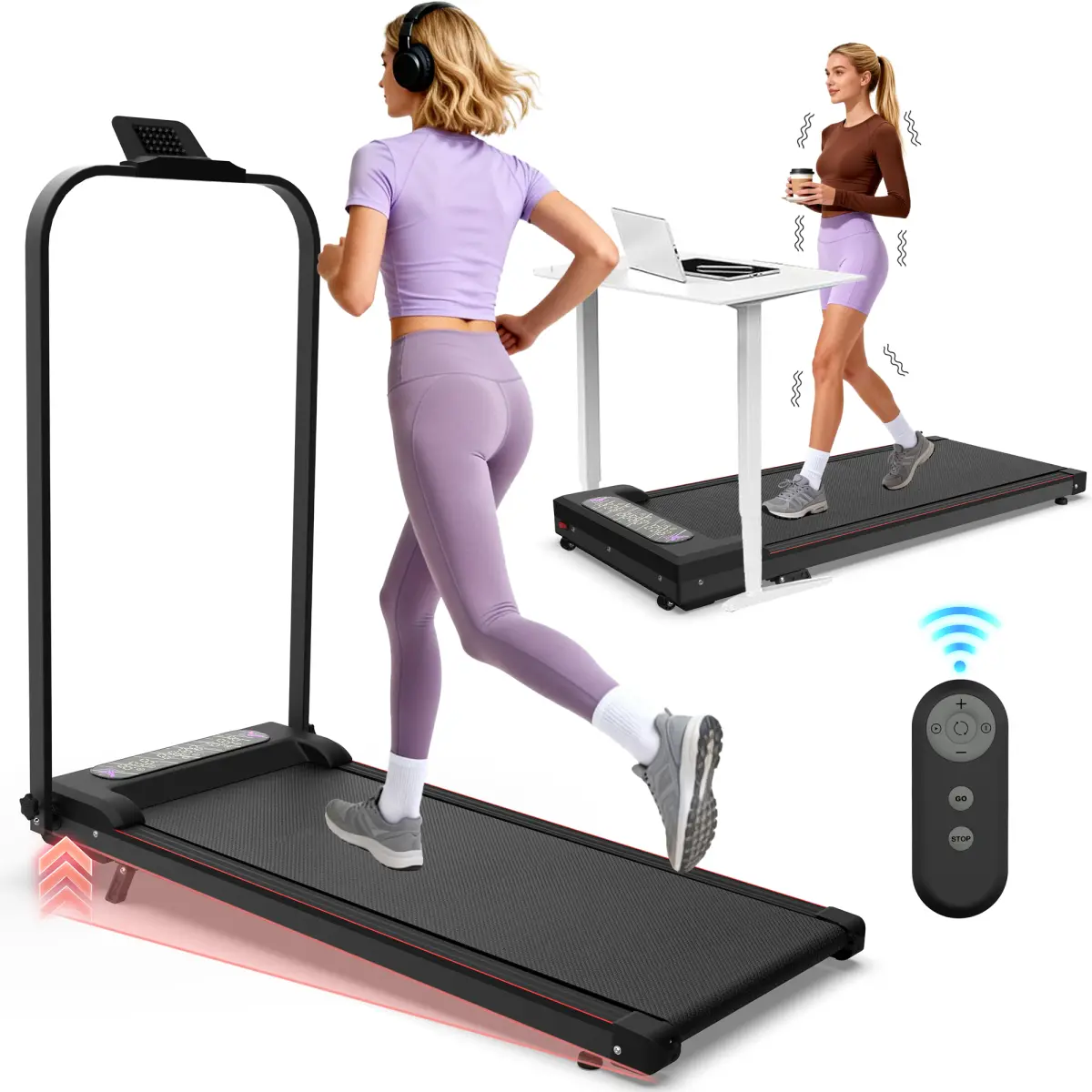 AobtkelFoldable Treadmill with Handle Bar & Incline, 2 in 1 Upgrade Portable Under Desk Walking Pad and Vibration Pad with Remote Control for Home Office Small Spaces