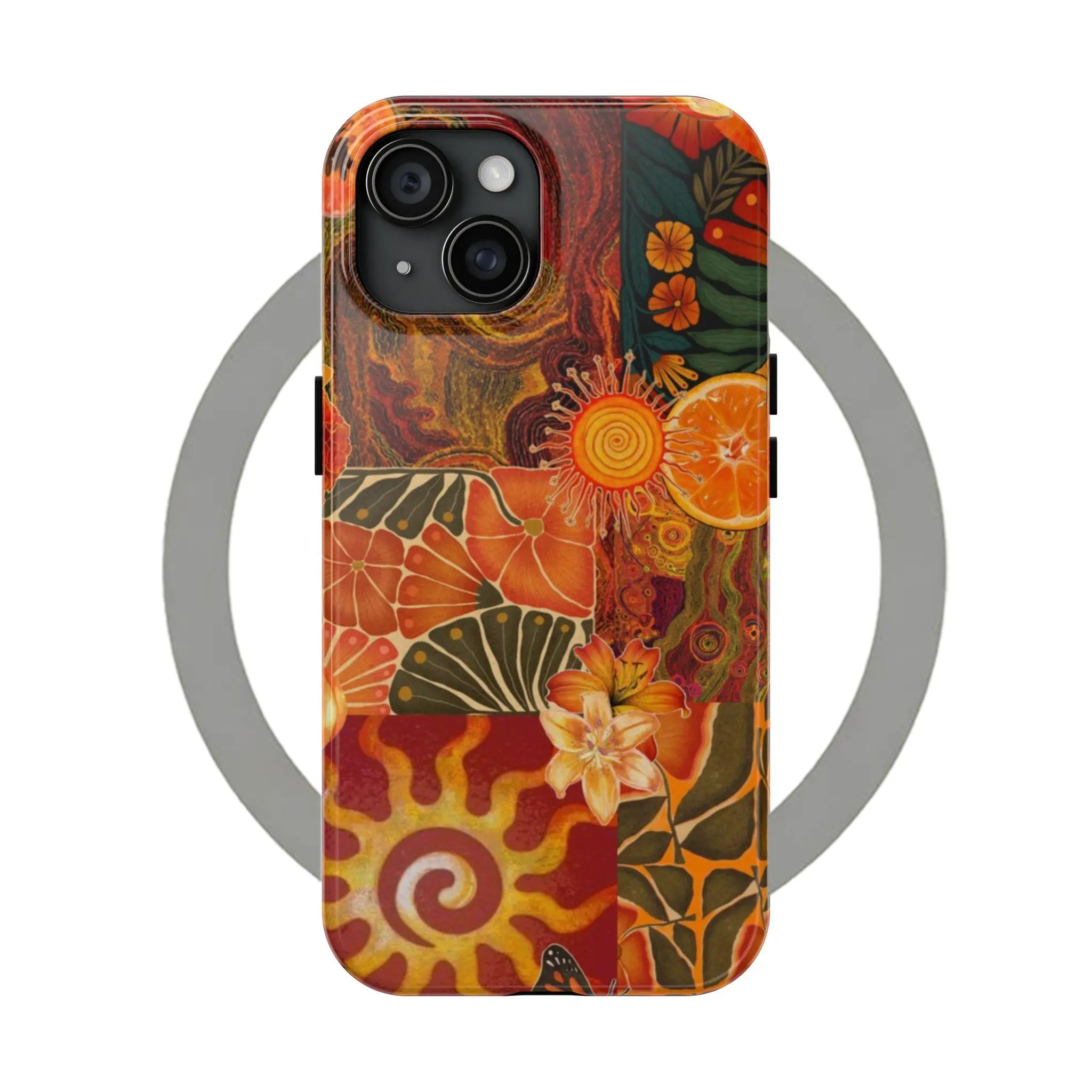 Boho Hippie Sun & Orange Floral  Phone Case for IP 17 16 15 14 13 12 11 Pro Max  Plus , Aesthetic Vibrant Flower & Swirls Case, Shockproof Heavy Duty Protective Cover, Groovy Abstract Collage Tough Case