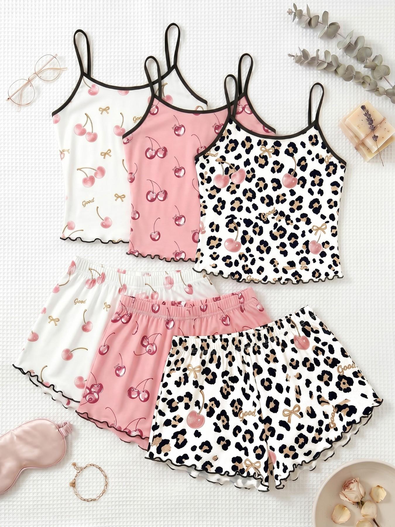 Cherry Print Halter Short Pajamas Set, Trim Ruffle Design, Sweet Cool Girl Style, Breathable Home Sleepwear, 3-Piece Combo