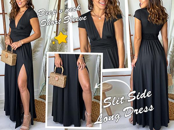 ANRABESS Women's Deep V Neck Sleeve Long Dresses Pleated High Waist Slit Club Party  Evening Maxi Dress Formal Elegant Dresses