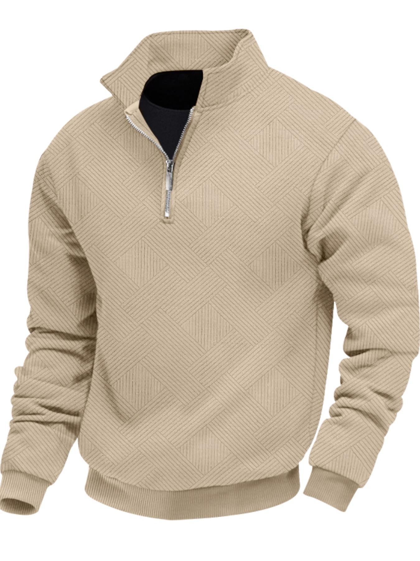 Men's solid color checkered jacquard pullover sweatshirt, Sweater pullover, regular version of casual long-sleeved zipper knitted top, for wearing in autumn and winter, men's outdoor activity hoodie