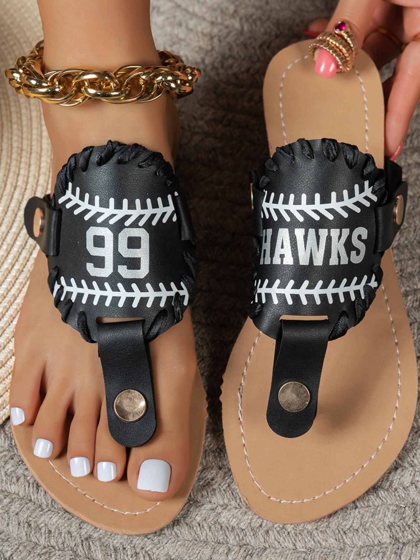 Women's Baseball Themed Sandals - Black Faux Leather Flip Flops with "99" & "HAWKS" Print, Sporty Stitching Detail Thong Slides for Summer