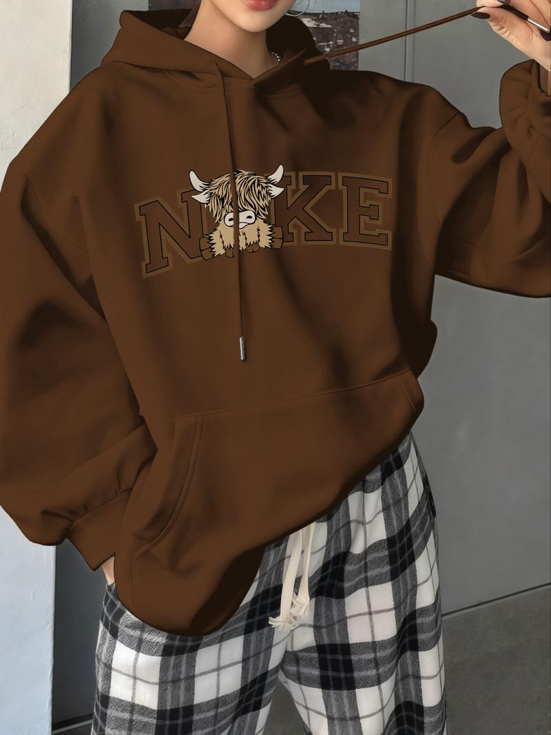 Women's Drawstring Hoodie with Highland Cow & Letter Print, Loose Fit Long Sleeve Casual Top for Fall & Winter