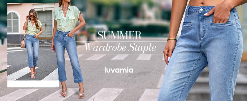 Luvamia Capri Jeans for Women High Waisted Slim Straight Stretchy Denim Capris Pants with Welt Pockets Casual Cropped Jeans Basic Bottom Minimalist