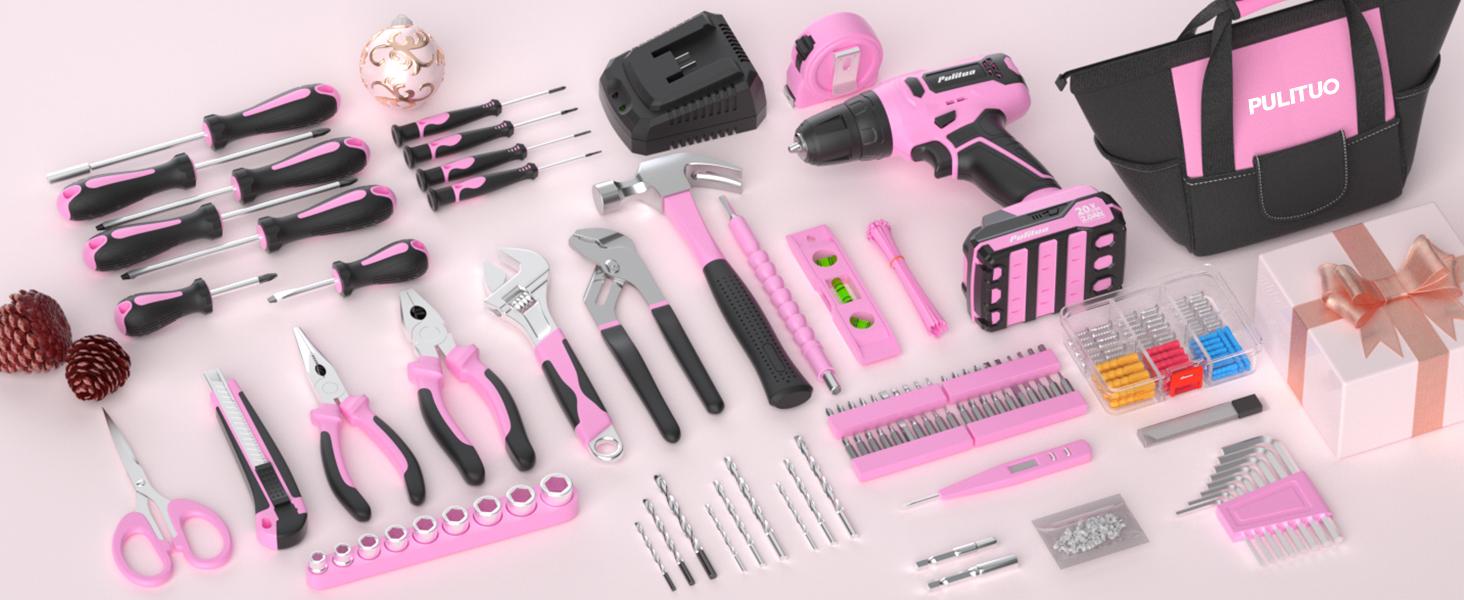 PULITUO 20V Cordless Pink Drill Tool Kit Set 238-Piece Power Drill Tool Box with Battery Electric Drill Driver for Lady's Repairing Kit Toolbox Tools Sets