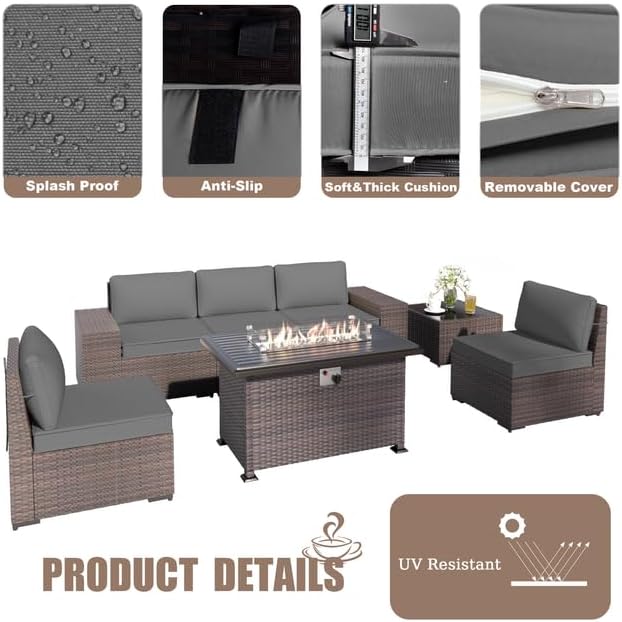 Patio Furniture 6 Pieces Set with Propane Fire Pit Table Outdoor Patio Furniture Outdoor Sectional Sofa 43" Gas Fire with transparent glass cover Pit Patio Conversation Set with Cushions