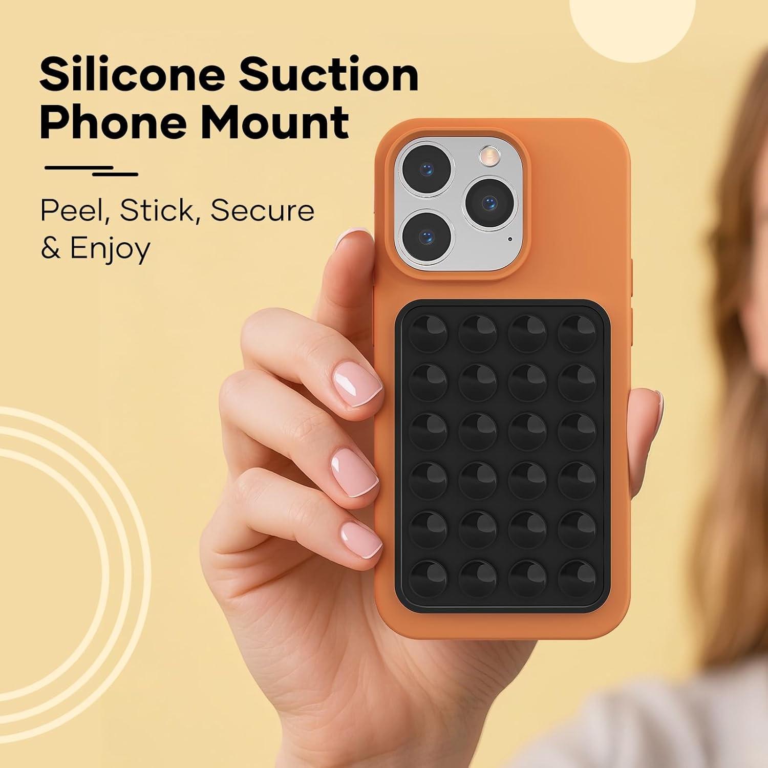 5PCS Black Set Silicone Suction Phone Case Adhesive Mount - Silicone Suction Cup Phone Case Mount - Hands-Free, Strong Grip Holder for Selfies and Videos - Compatible iPhone and Android（Black & Dark Grey & Light Grey & Transparent & White）
