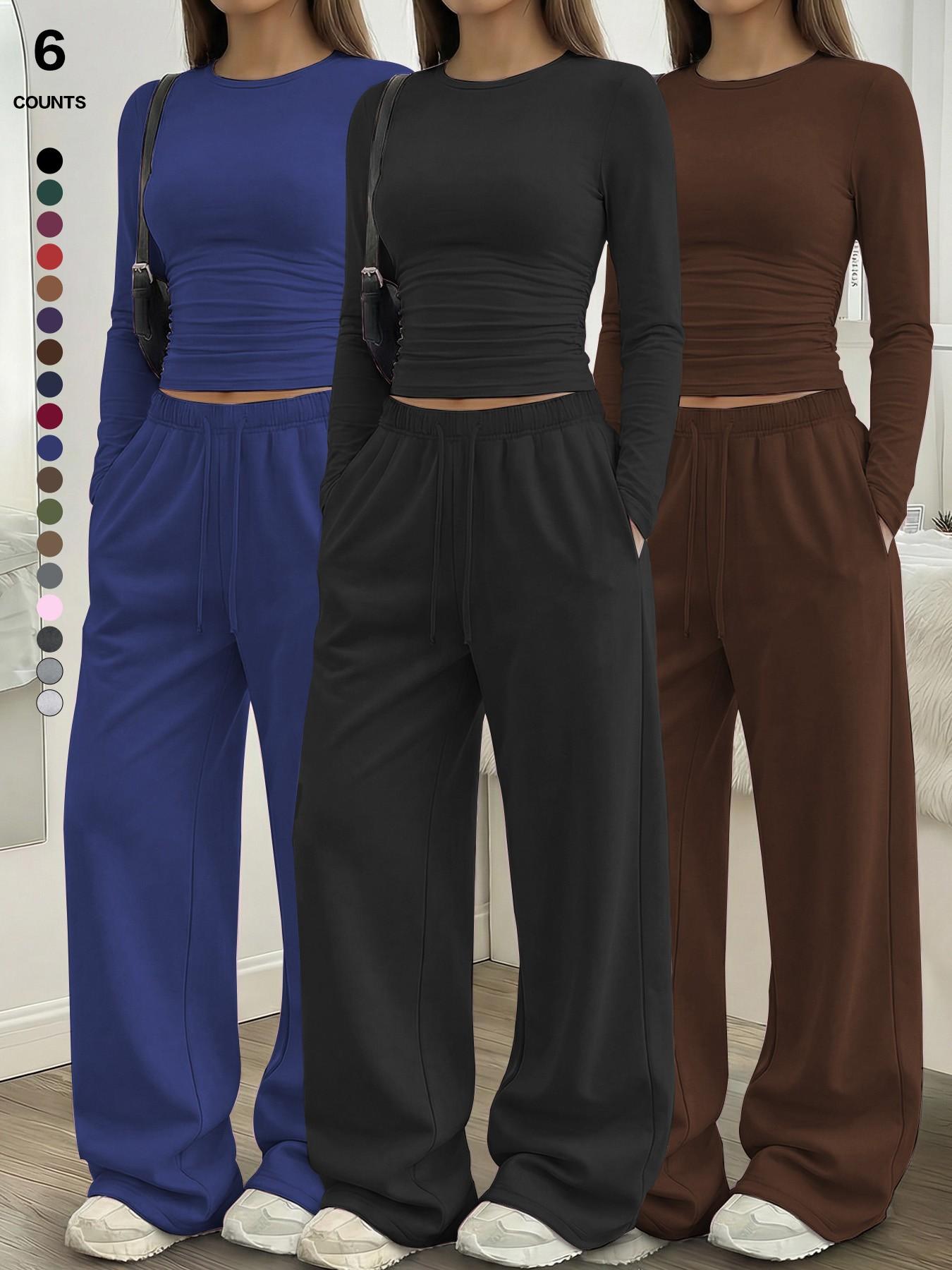 Women's Solid Ruched Drawstring Loungewear Set, Casual Long Sleeve Round Neck Top & Pocket Wide Leg Trousers, Spring Summer Sleepwear Pajama Set