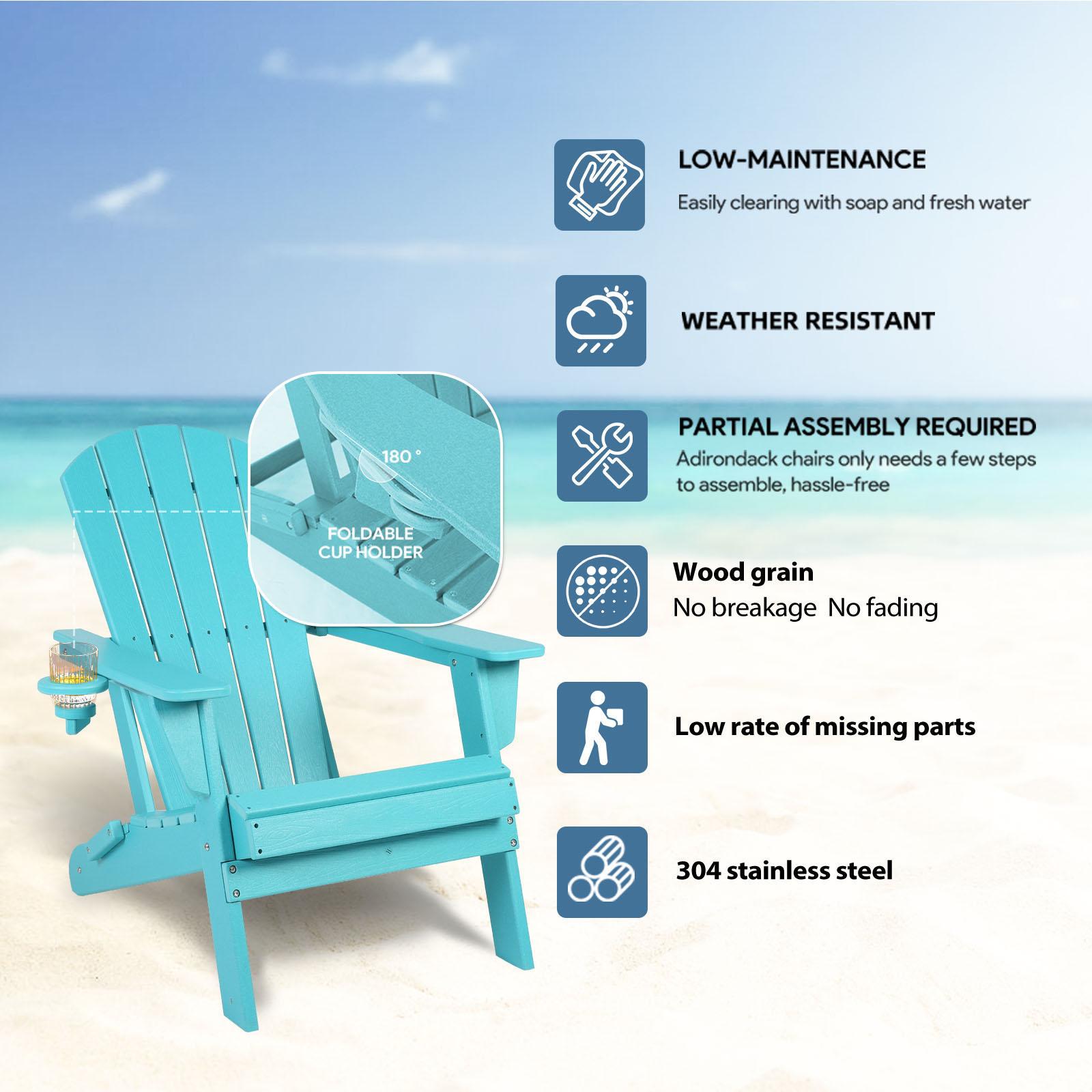 Folding Adirondack Chair with Wood Texture & Cup Holder - All-Weather HDPE for Poolside, Lawn, Patio, and Garden