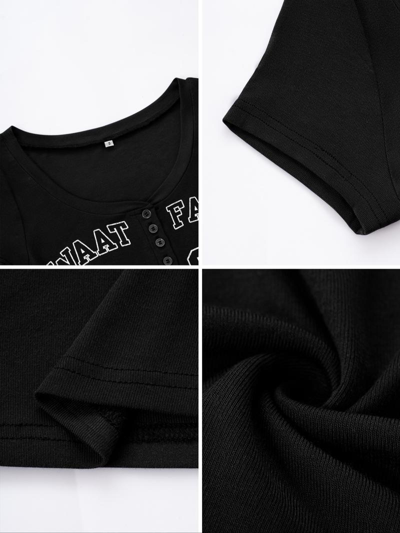 Spring Summer Streetwear Y2K Style Letter Print Knitted V-Neck Slim Fit Women's T-Shirt, Casual Fashion Top for Daily Wear