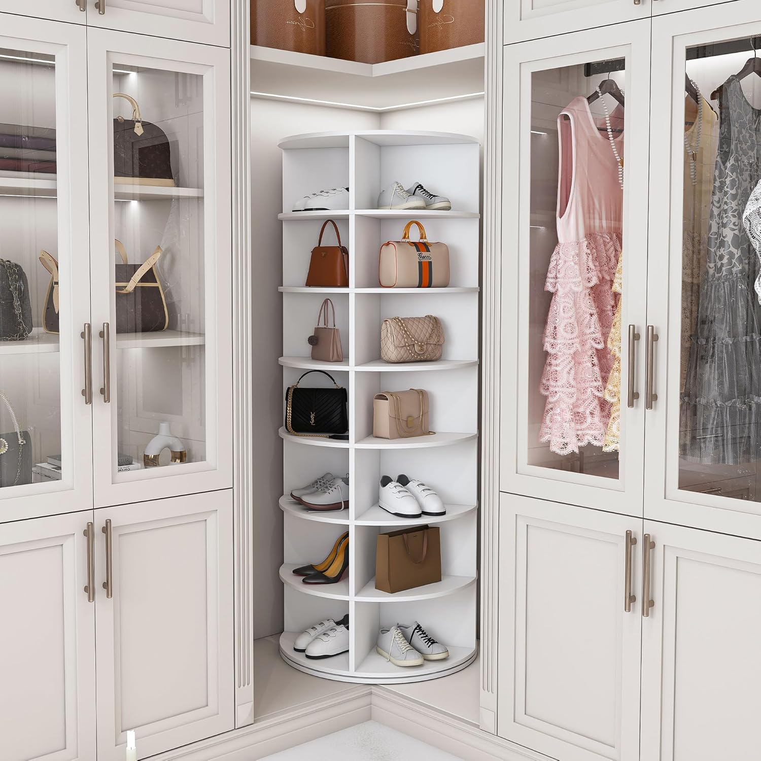 7-Tier Rotating Shoe Rack Tower, Holds 28 Pairs of Shoes - 360° Spinning Floor Storage Organizer, Free Standing for Closet/Bedroom/Entryway, Space Saving, White Box Leather