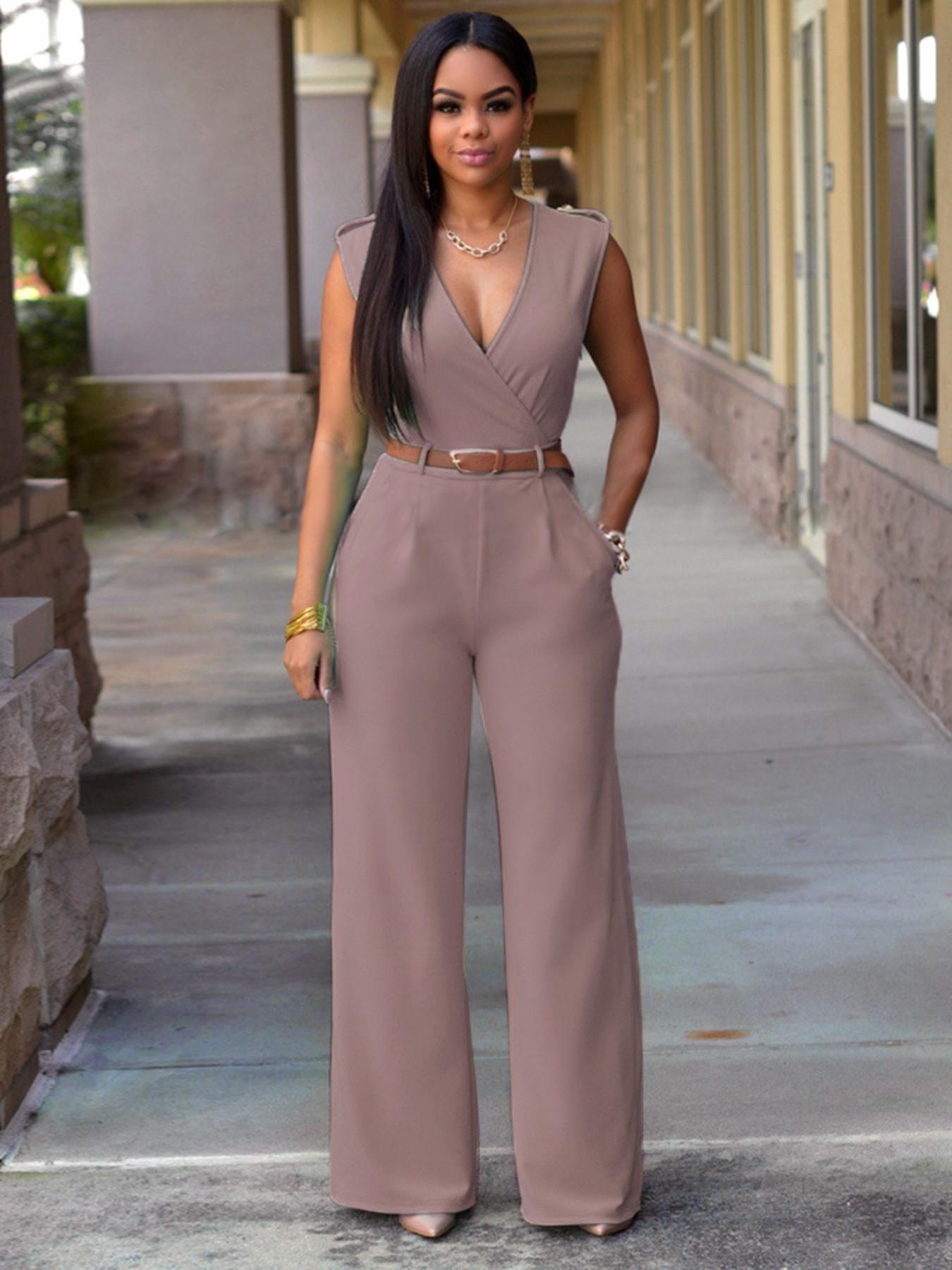 Sexy Pocket Women's Clothing, High Waisted V-Neck Wide Leg Pants, Irregular Jumpsuit with Belt, European and American Style Womenswear