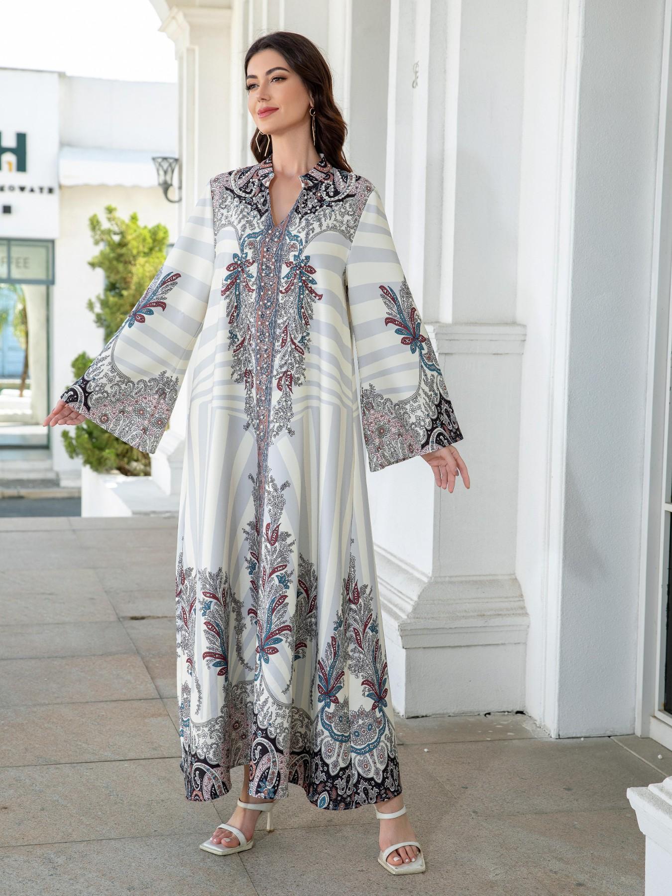 Women's Long Robe Dress Abaya, Stand Collar Design, Printed Embellished Beaded New Style, Cross-Border Muslim Fashion