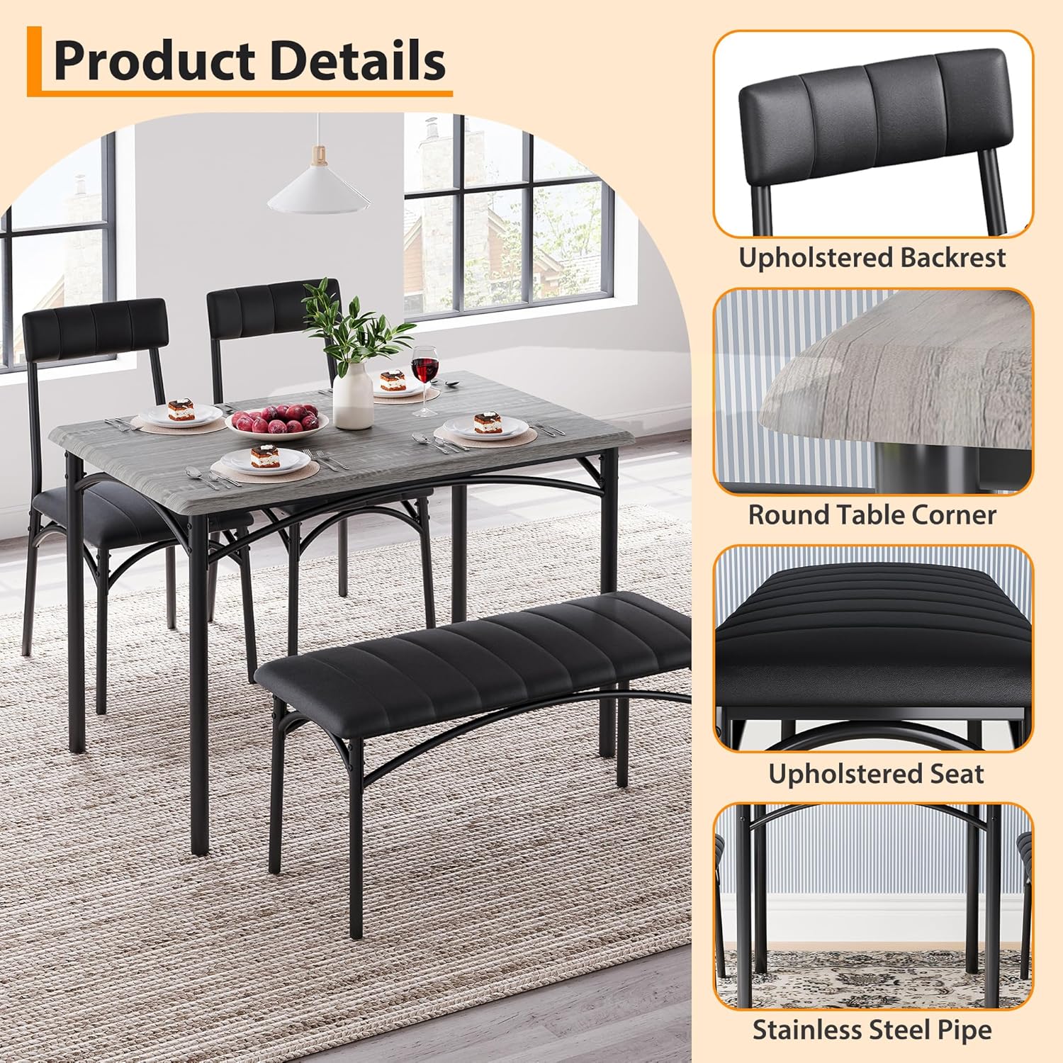 4-Piece Dining Set for 4 with Table, 2 Chairs & Upholstered Bench, Rectangular Wood Kitchen Table for Small Spaces, Apartments & Breakfast Nook 4-Piece Dining Set for 4 with Table, 2 Chairs & Upholstered Bench, Rectangular Wood Kitchen Table for Small Spaces, Apartments & Breakfast Nook