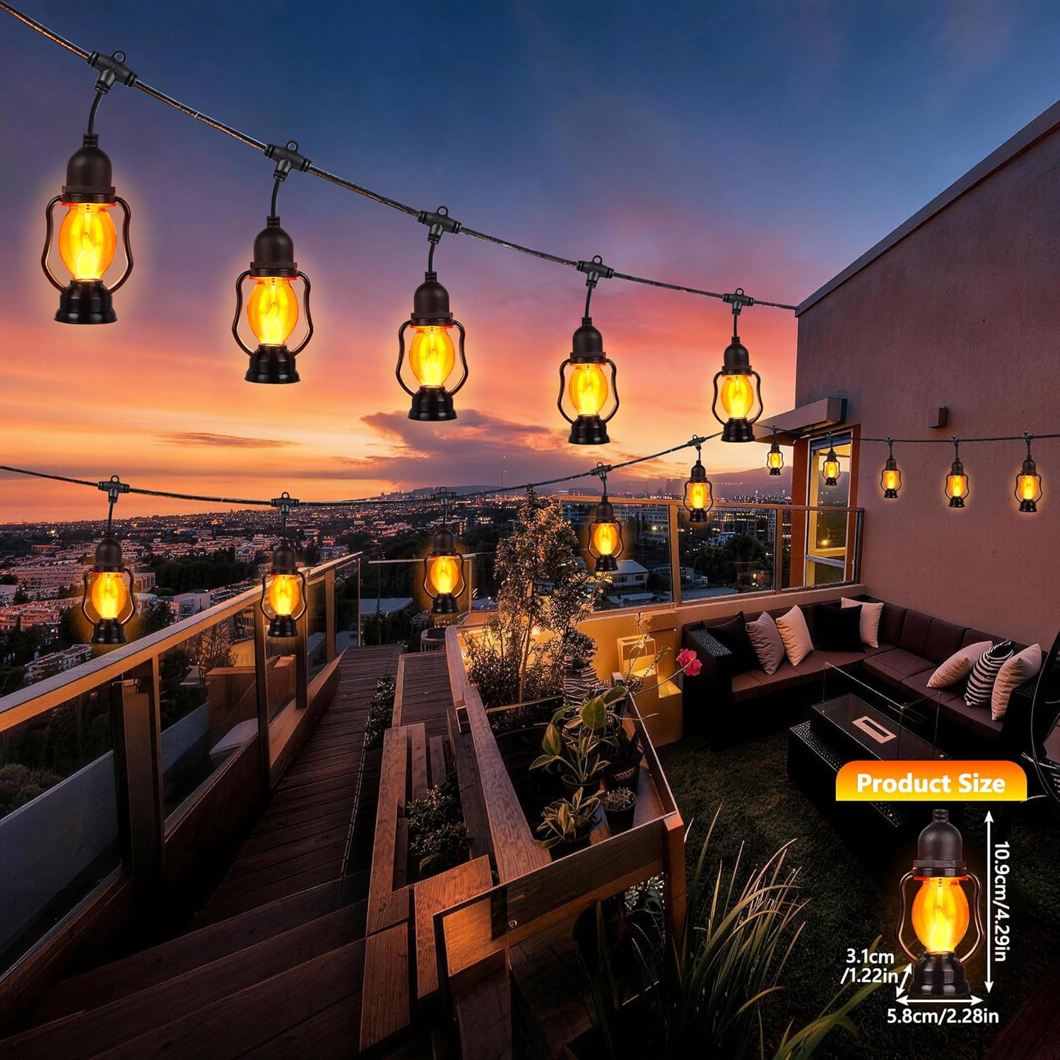 Flame Outdoor String Lights, 21FT Patio Lights with 10 Flickering Flame Bulb, Timer,  LED Outdoor Decorative Orange Lights for Patio, Yard, Bistro, Porch, Garden Decor