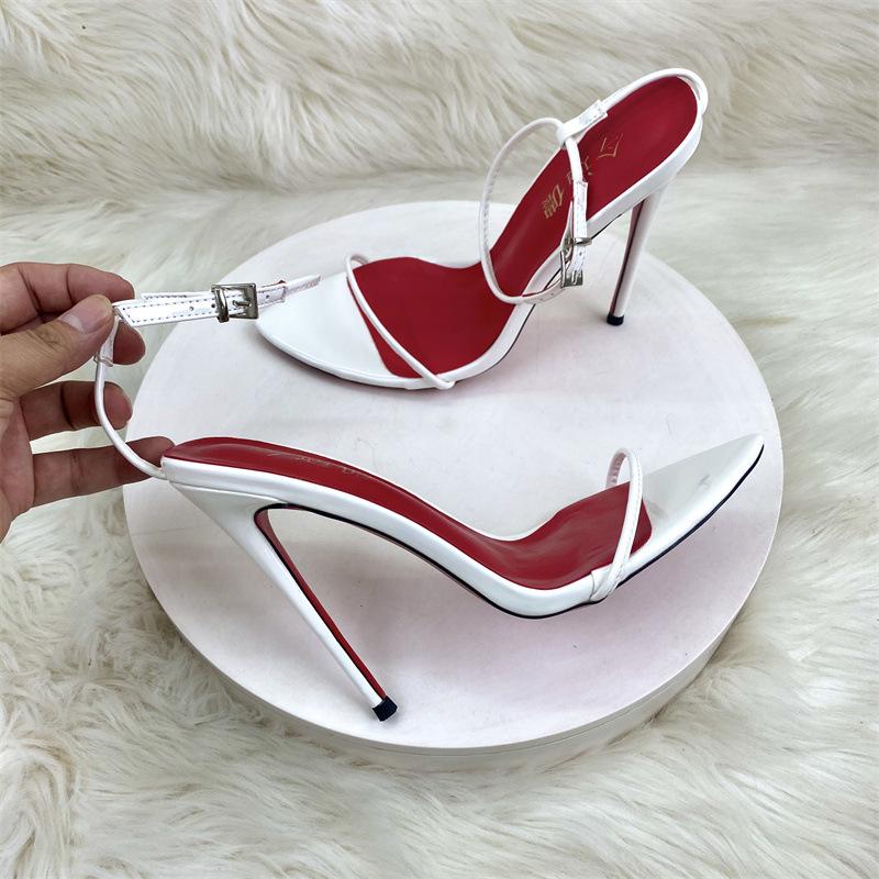 2026 New Minimalist Line Curved Straight Strap 10cm Ultra High Heel Sandals Sexy Wristband Large Size Thin Heel 10cm Red Bottom Women Girl