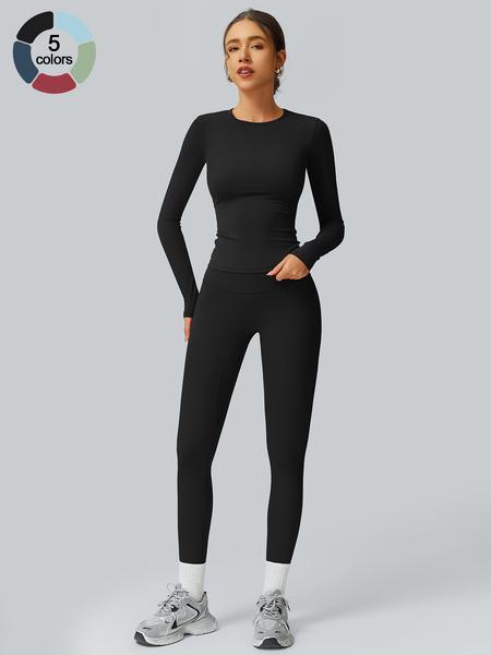 Women's Solid Long Sleeve Tee & High Waist Leggings Tracksuit Set, Sporty Round Neck Top & Skinny Pants Outfits for Gym Workout Running, Ladies Fall & Winter Sportswear, Sweatsuit Sets