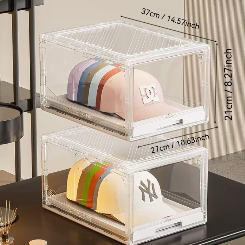 Baseball Cap Storage Box Set, Transparent Hat Organizer Case with Drawer & Sliding Tray, Stackable Display Rack Holds Up to 12 Caps