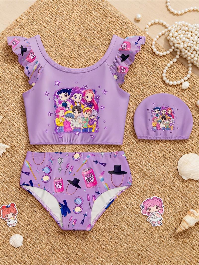 K-Pop Demon Girl Swimwear 3-Piece Set for Girls, Spring Summer Festival Must-Have, Includes Swim Cap, Swimsuit, and Swim Shorts