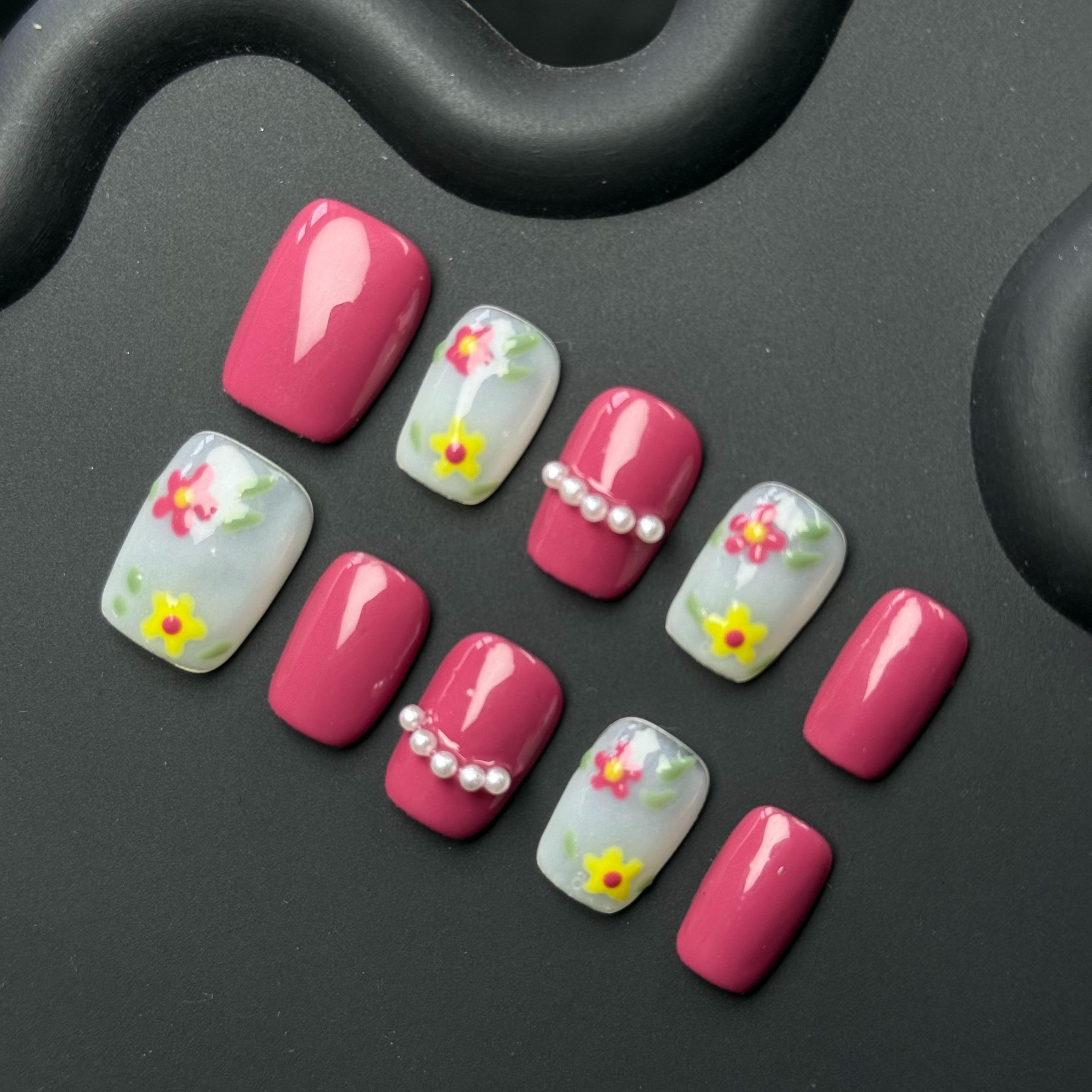 Luxury Nail Freedom! Raspberry Red Exquisite Hand-Painted Flower Press On Fake Nails, Reusable, Get Gentle Fairy Nails In 5 Mins, No Salon Needed