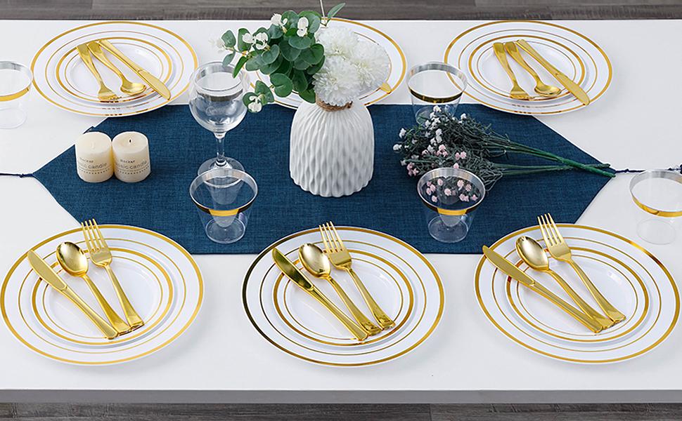 Goodluck 600PCS Gold Disposable Plates Set for 100 Guests 100 Dinner Salad Plates 100 Silverware Sets Cups Perfect for Weddings Parties BPA Free Sturdy Durable Ideal for Parties Christmas Fiesta Baby Showers