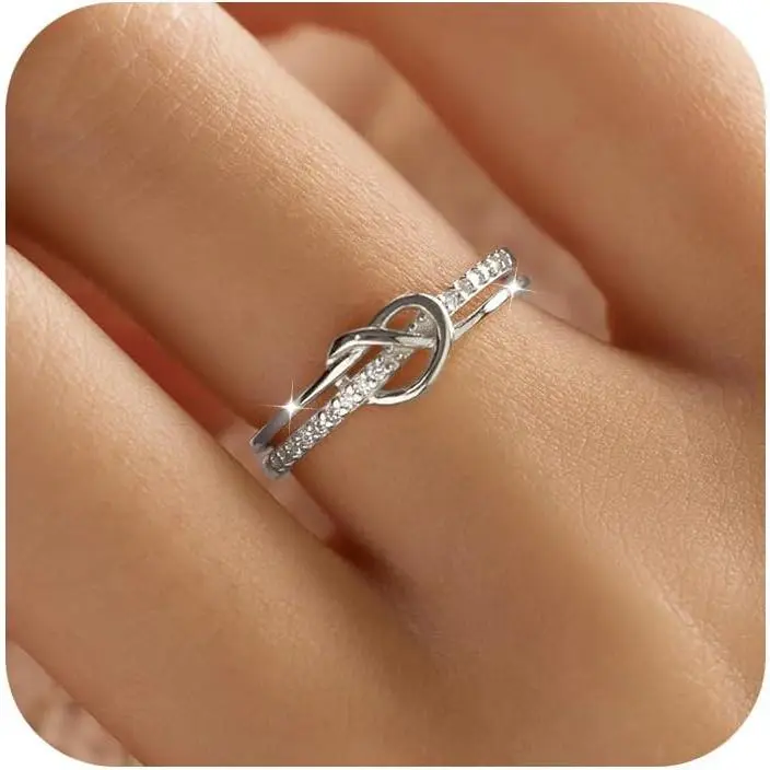 Heart Rings for Women Mother Daughter Friendship Knot Ring Promise Ring for Her 925 Sterling Silver 14K Gold Plated Cubic Zirconia Stackable Ring Purity Rings Birthday Graduation Gifts