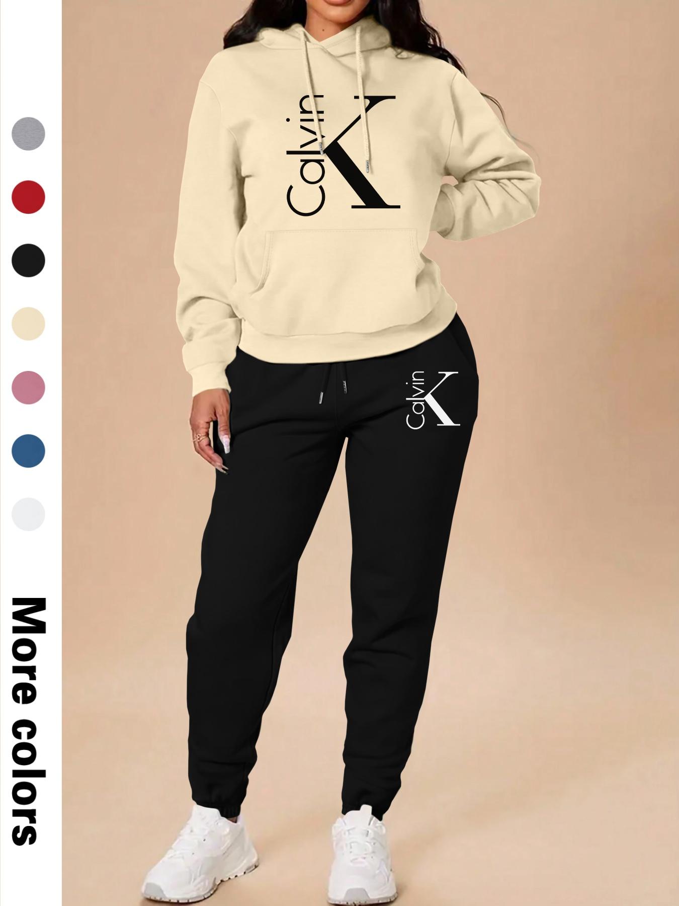 Spring Fall Thin Women's Casual Hooded Sweatshirt Set, Long Sleeve Letter Print Top + Pants, Fitted Sportswear with Pockets