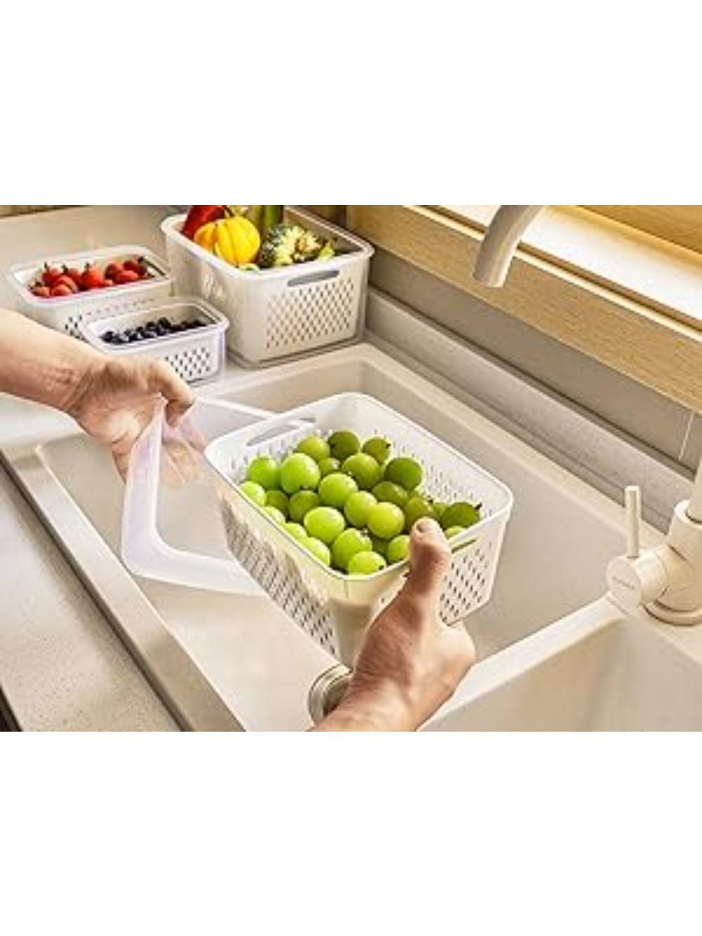 3 Pack Large Capacity Fruit Vegetable Storage Container with Detachable Drainer Basket BPA Free Refrigerator Safe Fridge Storage Organizer Dishwasher Safe Food Fresh Keeper for Berries Vegetables