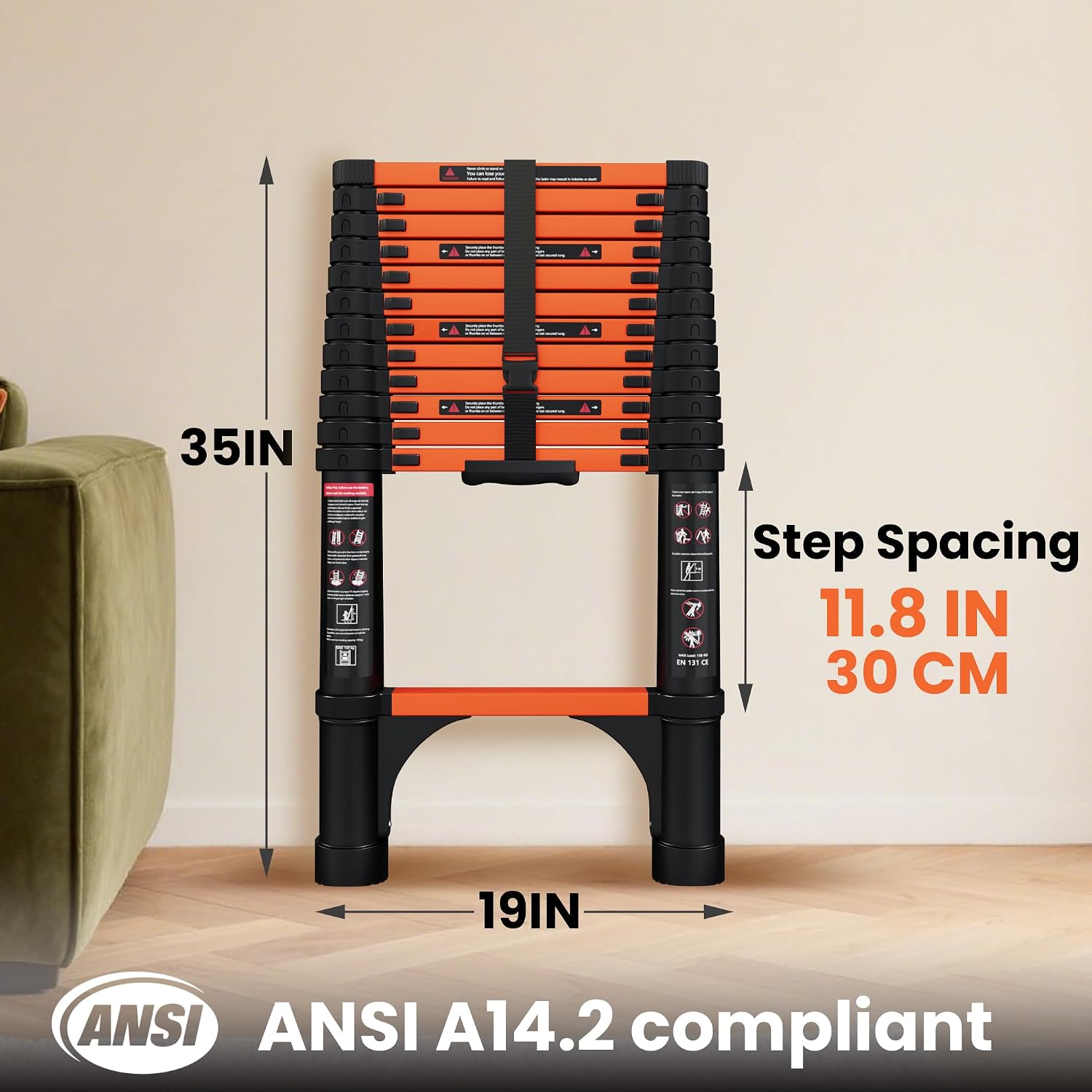 Telescoping Ladder, 12.5 FT, 330 lbs Capacity; Orange | ANSI Certified, Straight Extension Ladder; Collapsible Multi-Purpose for , Roof and RV Telescoping Ladder, 12.5 FT, 330 lbs Capacity; Orange | ANSI Certified, Straight Extension Ladder; Collapsible Multi-Purpose for , Roof and RV