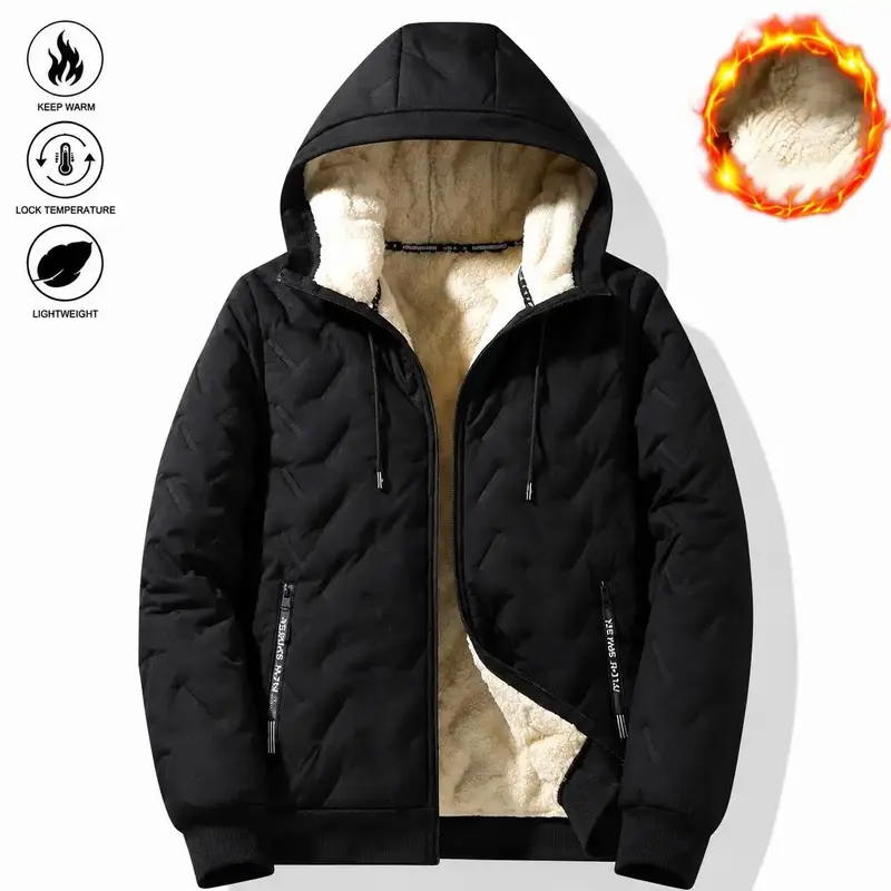 2026 Men's New Fashion Hooded and Velvet Jacket with Long Sleeve, Fleece Inner Lining, Waterproof and Windproof, Unique Texture, Zipper, Essential Solid Color Coat for Autumn and Winter, Daily Leisure, Outdoor Casual Menswear