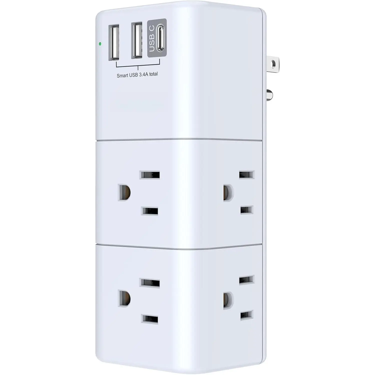 USB Outlet Extender Surge Protector -  Rotating Plug, 3-Sided Swivel Power Strip, 6 AC Spaced Outlet Splitter and 3 USB Ports (1 USB C) for Travel, , Office, ETL