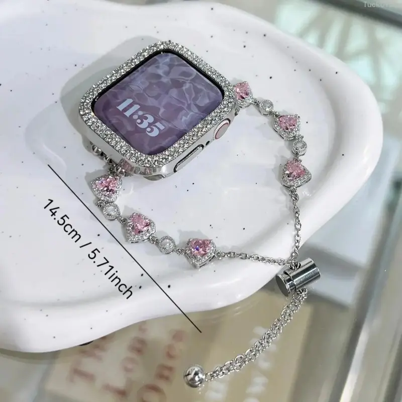 Heart‑Shaped Rhinestone Watch Band Compatible with Apple Watch for Women, Fashionable Sparkling Strap Compatible with Series 10/9/8/7/6/5/4/3/2/1 & Ultra/SE (38‑49mm), Elegant Stylish Replacement for Everyday & Spring Wear, Smartwatch