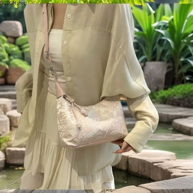 SatinJacquardShoulderBag+CoquetteAsianAestheticTrendingHandbag+VintageGardenFloralPatternHoboBag+DetachableWideCrossbodyStrapKnotTasselDecor+LightweightCasualTravelShoppingBagForLadies