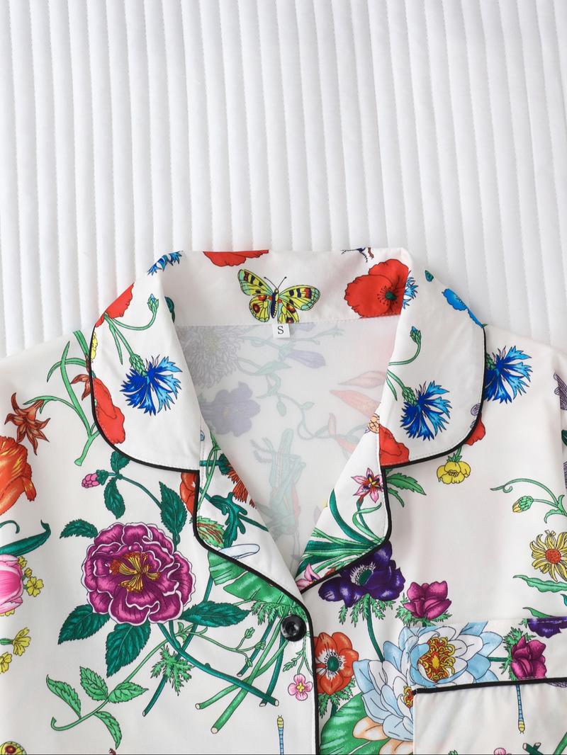 Women's All Over Floral Print Button Front Pocket Shirt & Elastic Waist Pants Pyjama Set, Casual Comfy Two-piece Pj Set, Ladies Sleepwear for All Seasons Pajama Set